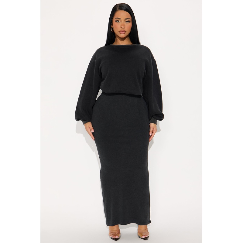 Wrapped Up Ribbed Maxi Dress Set – Black