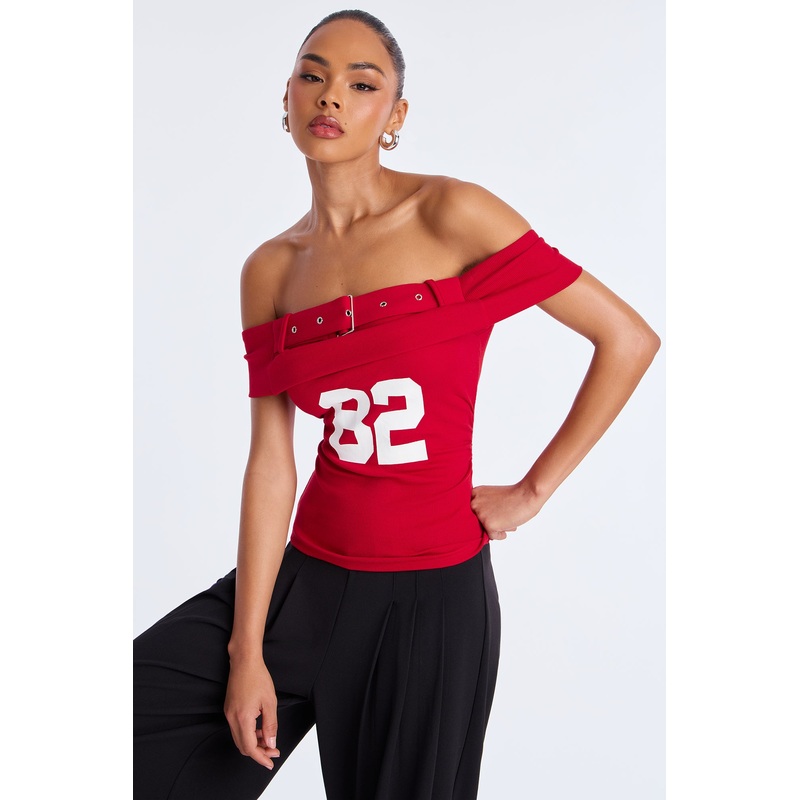 82 Belted Off Shoulder Top – Red