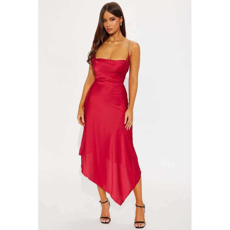 Angel Girl Chain Strap Satin Midi Dress – Red