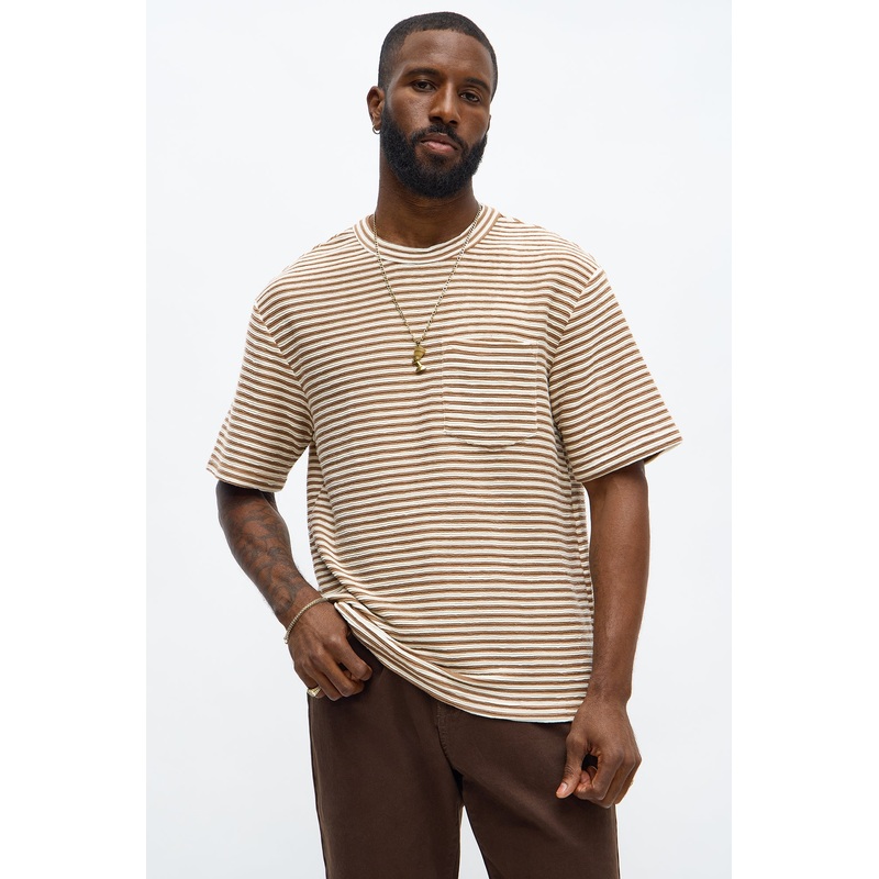 Rib Textured Stripe Relaxed Tee – Brown Combo