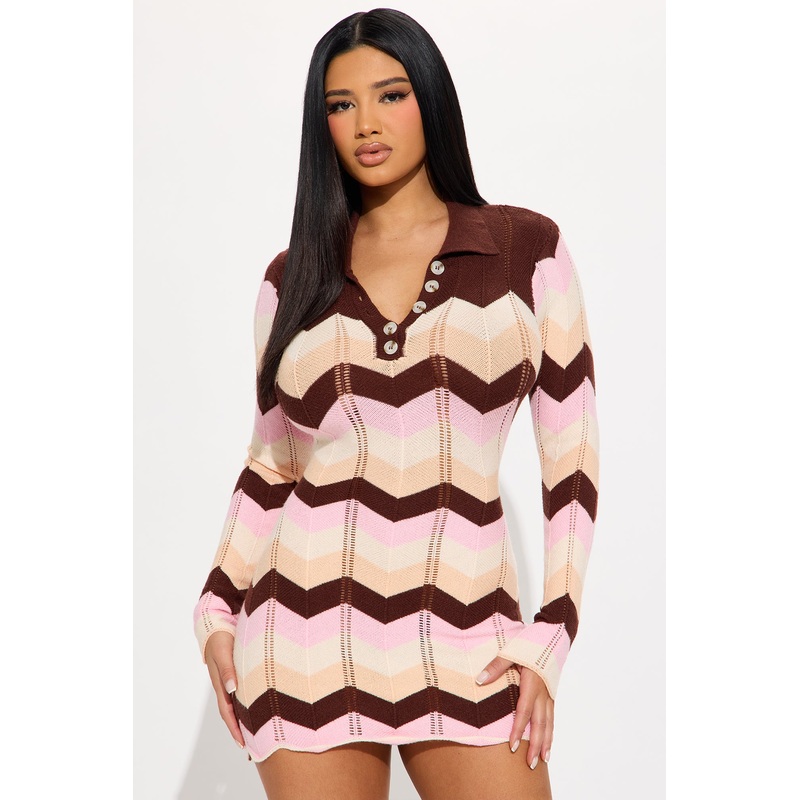 Always Happy Long Sleeve Knit Mini Dress – Pink/combo