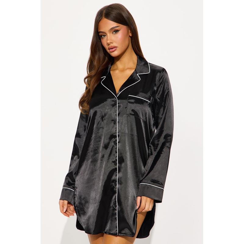 Bedtime Satin Long Sleeve PJ Sleep Shirt – Black