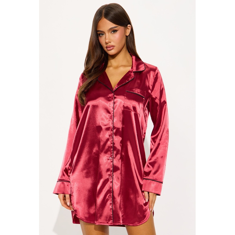 Bedtime Satin Long Sleeve PJ Sleep Shirt – DarkRed