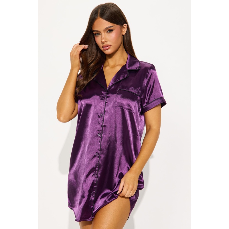 Bedtime Satin Short Sleeve PJ Sleep Shirt – Eggplant