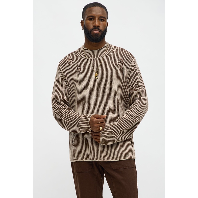 Cedarwood Distressed Mockneck Sweater – Brown Combo