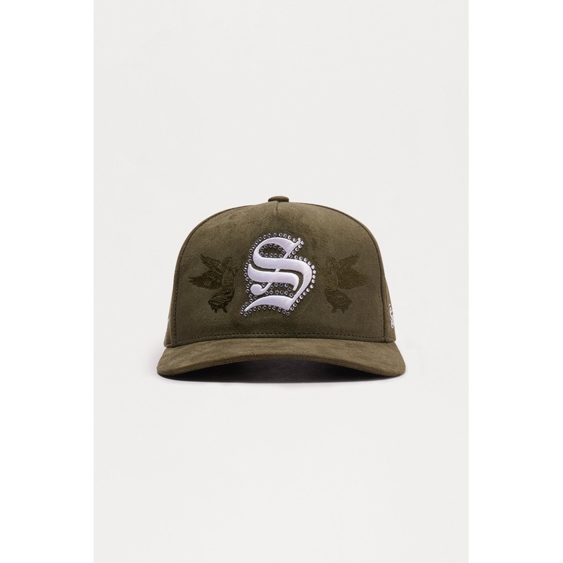 Cherub Embellished Faux Suede Structured Snapback Hat – Olive