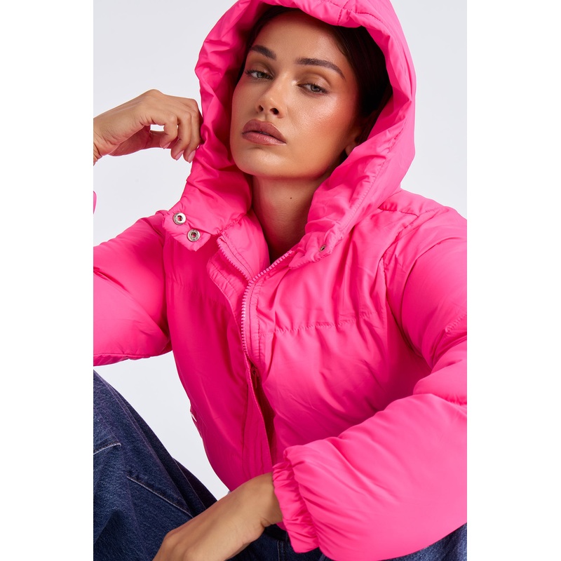 Dakota Cropped Hooded Puffer Jacket – Hot Pink