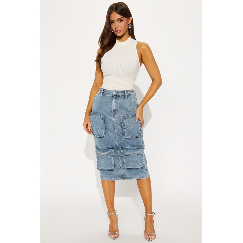 Sakura Cargo Denim Midi Skirt – Medium Wash