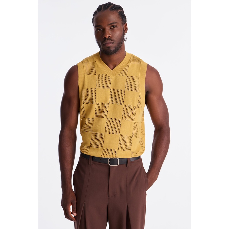 Textured Tiles V-Neck Vest – Mustard