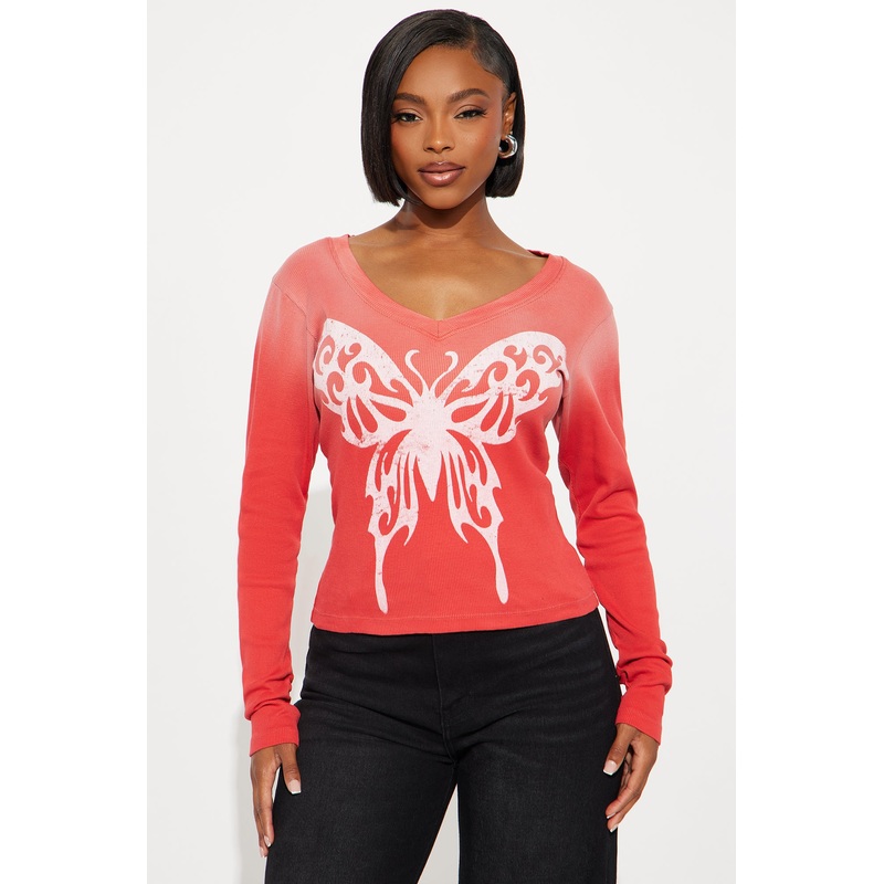 Butterfly Effect Ribbed Long Sleeve Top – Red