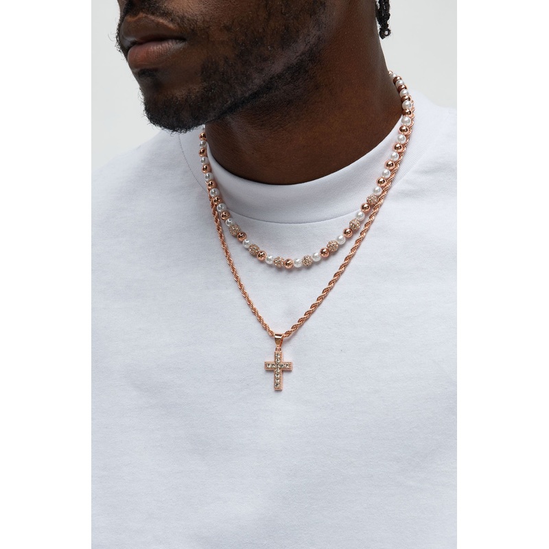 Iced Pearl Cross Necklace Set – Rose Gold