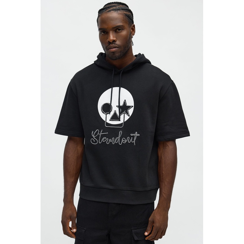 Standout Cording Short Sleeve Hoodie – Black