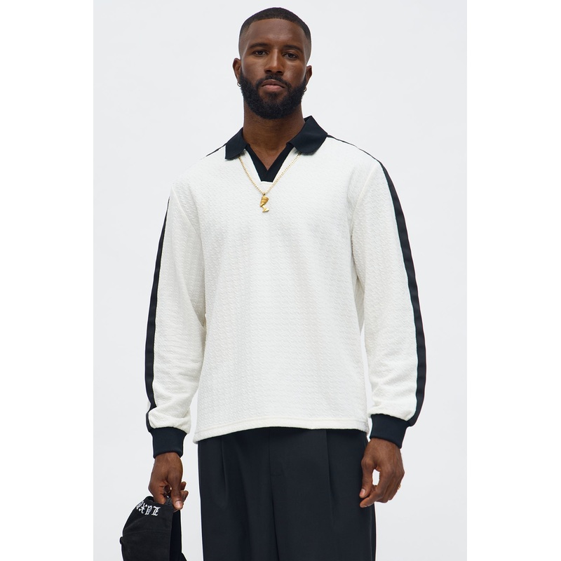 Andrew Textured Knit Johnny Collar Long Sleeve Polo – Cream
