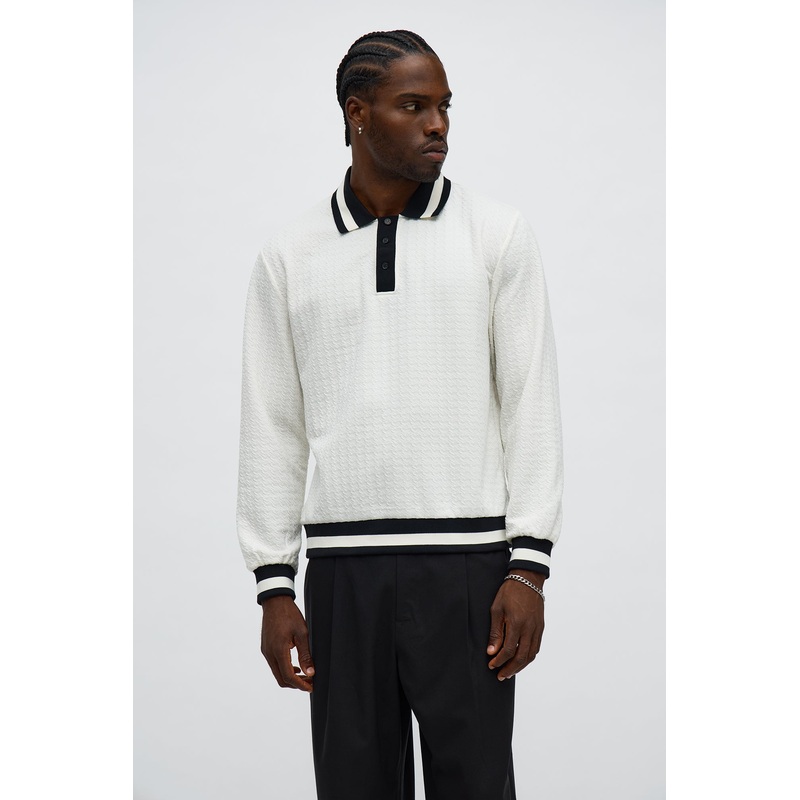 Andrew Textured Knit Long Sleeve Polo – Cream/combo