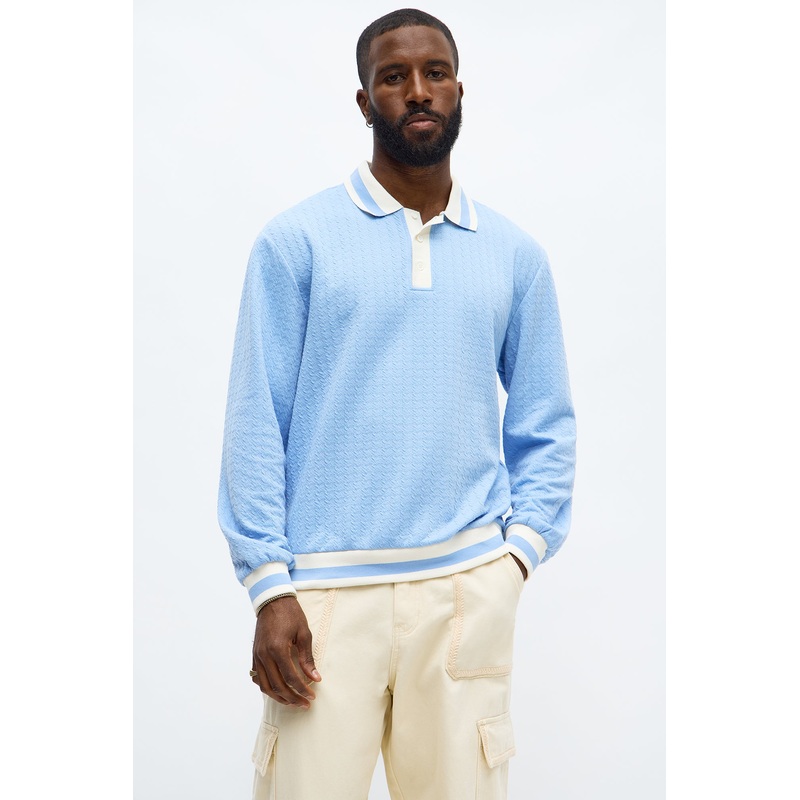 Andrew Textured Knit Long Sleeve Polo – Light Blue