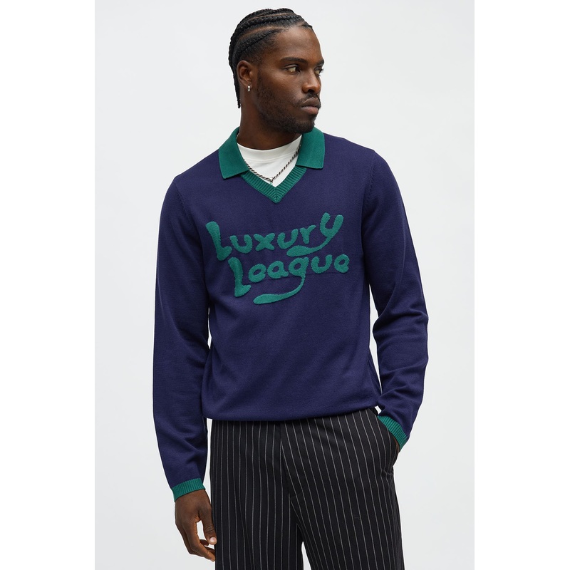 Luxury League Lightweight Knit Long Sleeve Polo – Navy/combo