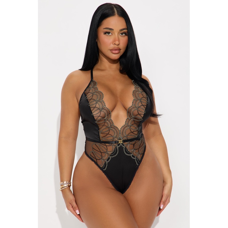 Barely Laced Satin Embroidered Lace Teddy – Black
