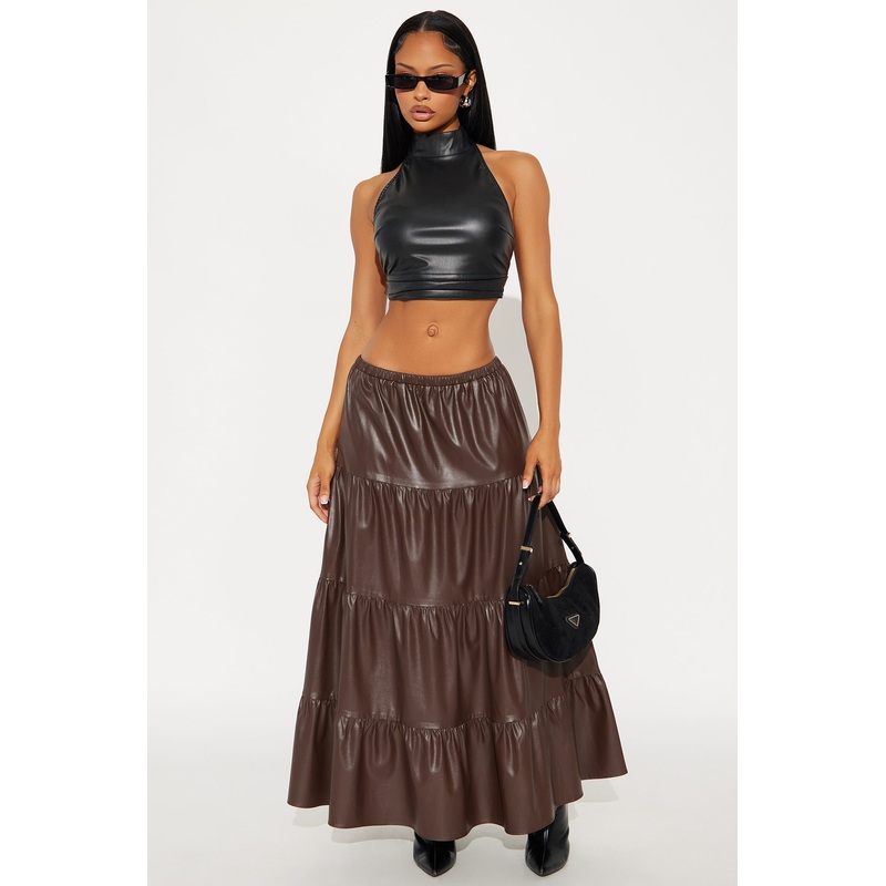 Demi Faux Leather Tiered Maxi Skirt – Chocolate