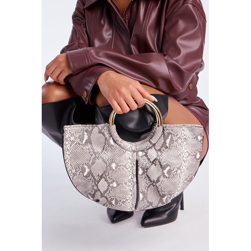 Slither Away Faux Leather Satchel Handbag – Grey/combo