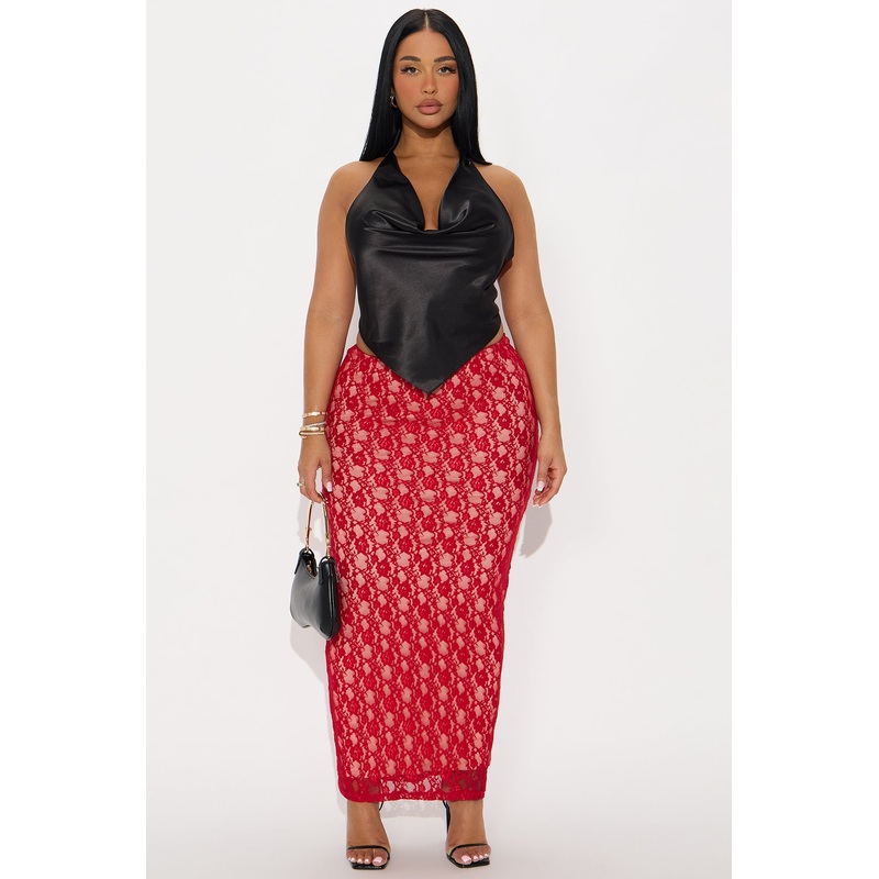 Victoria High Rise Lace Bodycon Maxi Skirt – Red