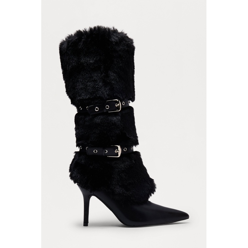 Whittier Buckle Faux Fur Boots – Black