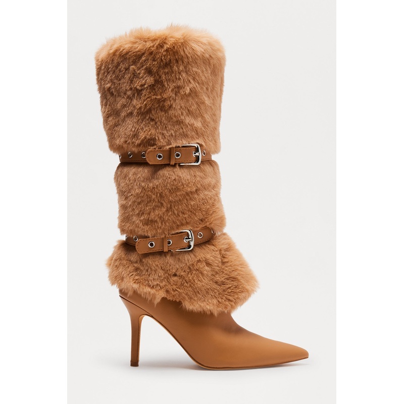 Whittier Buckle Faux Fur Boots – Taupe