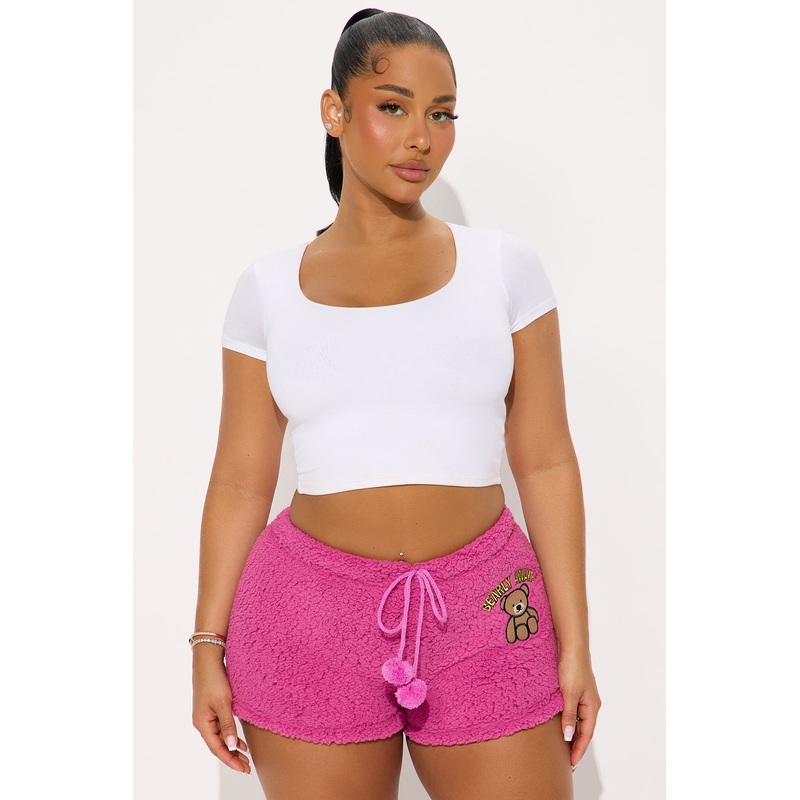 Bearly Awake Embroidered Sherpa PJ Shorts – Pink