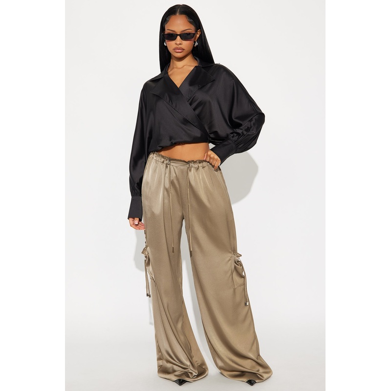 Brielle Satin Wide Leg Cargo Pant 33 – Olive