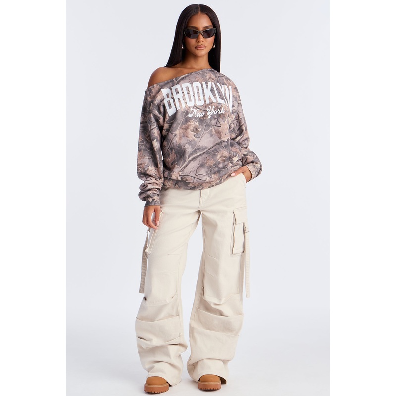 Brooklyn NY Camo Off Shoulder Sweatshirt – Olive/combo