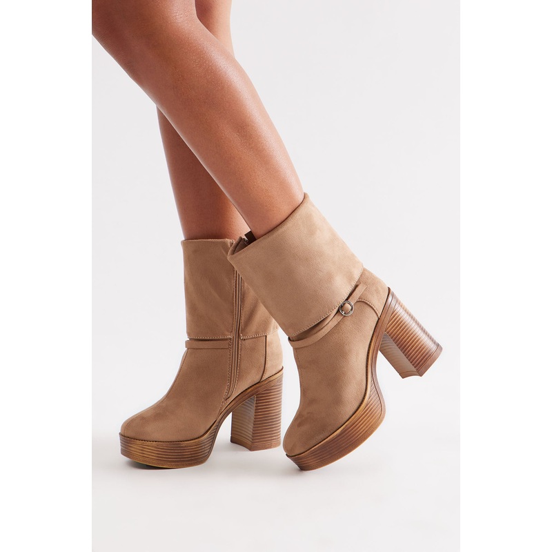 Caliste Buckle Overlay Booties – Taupe