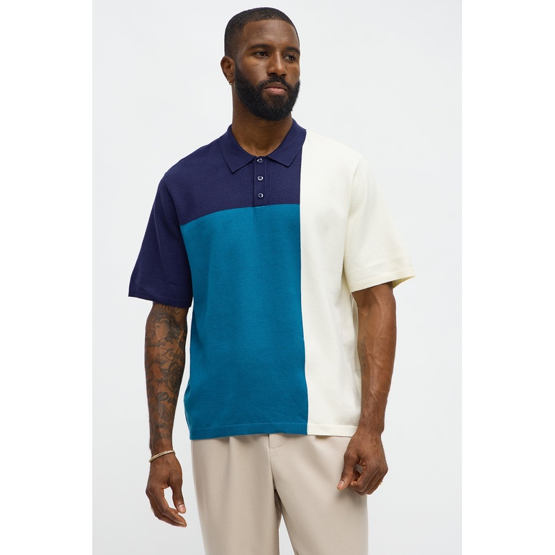 Tetris Color Blocked Knitted Polo – Blue/combo