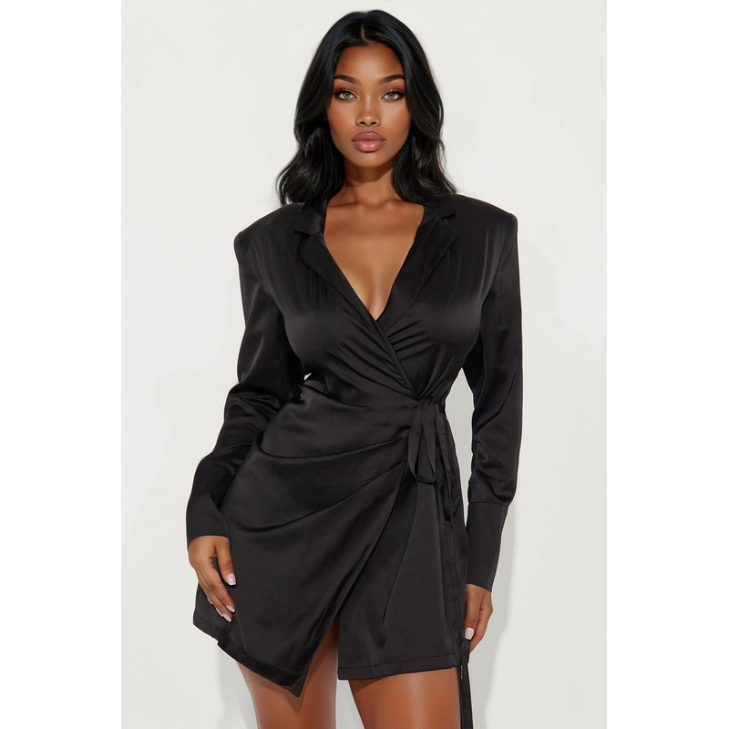 Whitley Wrap Satin Mini Dress – Black