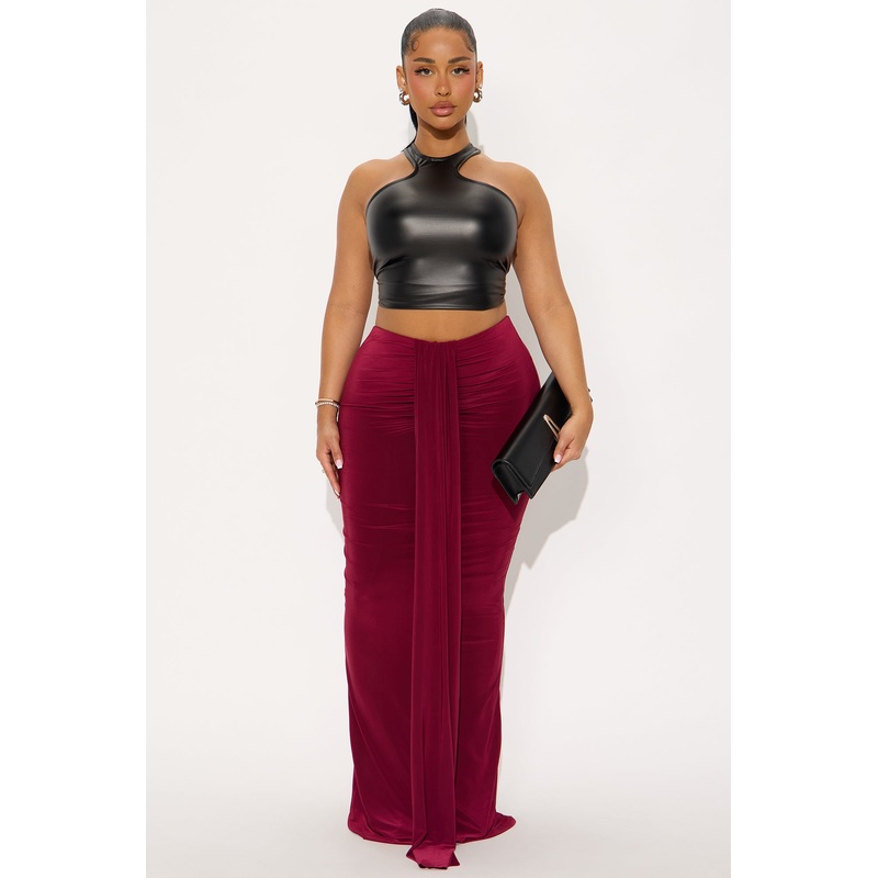 All Dressed Up Draped Maxi Skirt – Burgundy