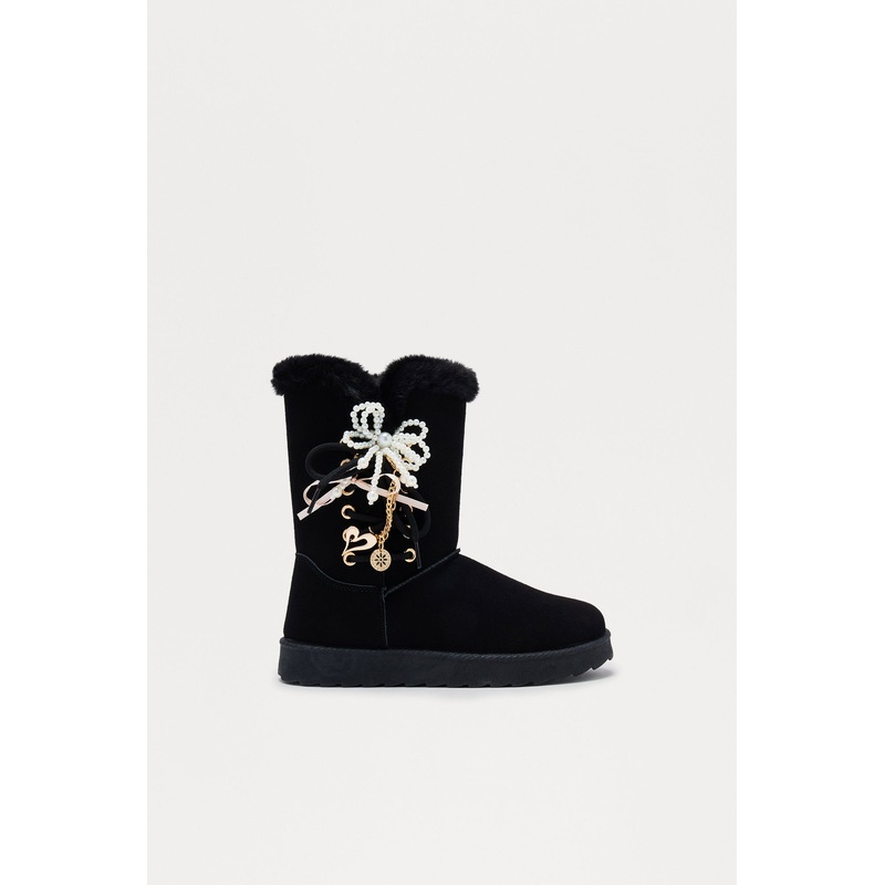 Yasmia Embellished Fur Trim Booties – Black