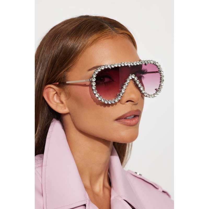 Brittney Oversized Embellished Jeweled Shield Sunglasses – Gold/Pink
