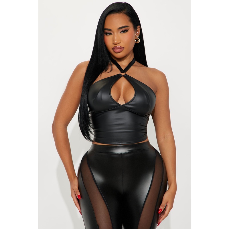 Caught Up Faux Leather Halter Top – Black