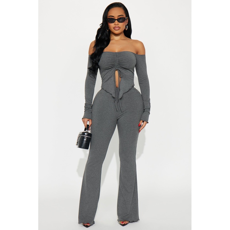 Adjust To Me Ribbed Off Shoulder Pant Set – Grey