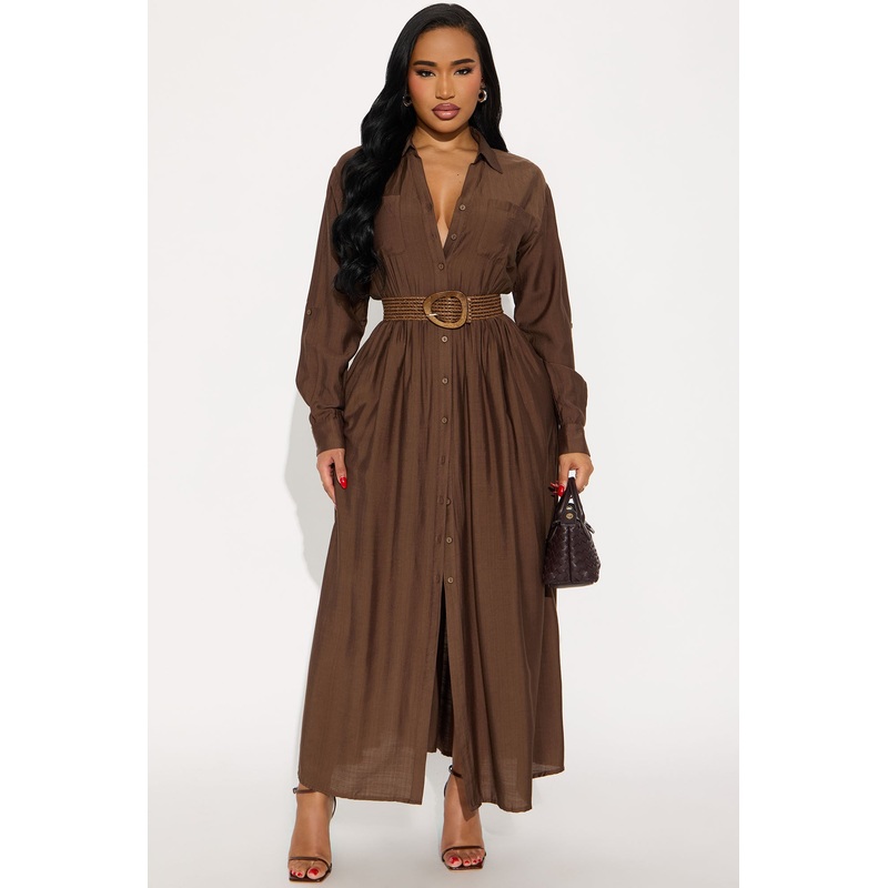 Alaya Linen Maxi Shirt Dress – Brown