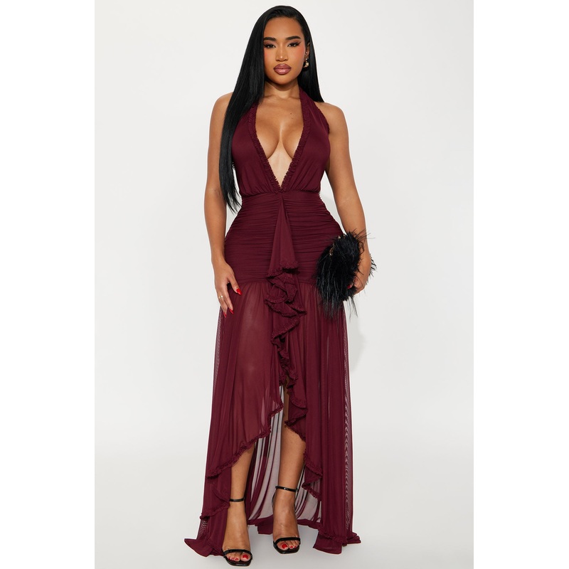 Alessandra Ruched Ruffle Gown – Burgundy