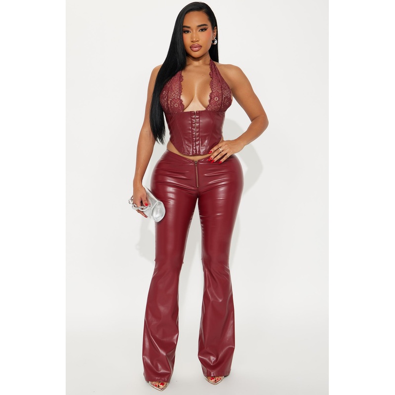 All You Need Faux Leather Pant Set – Wine