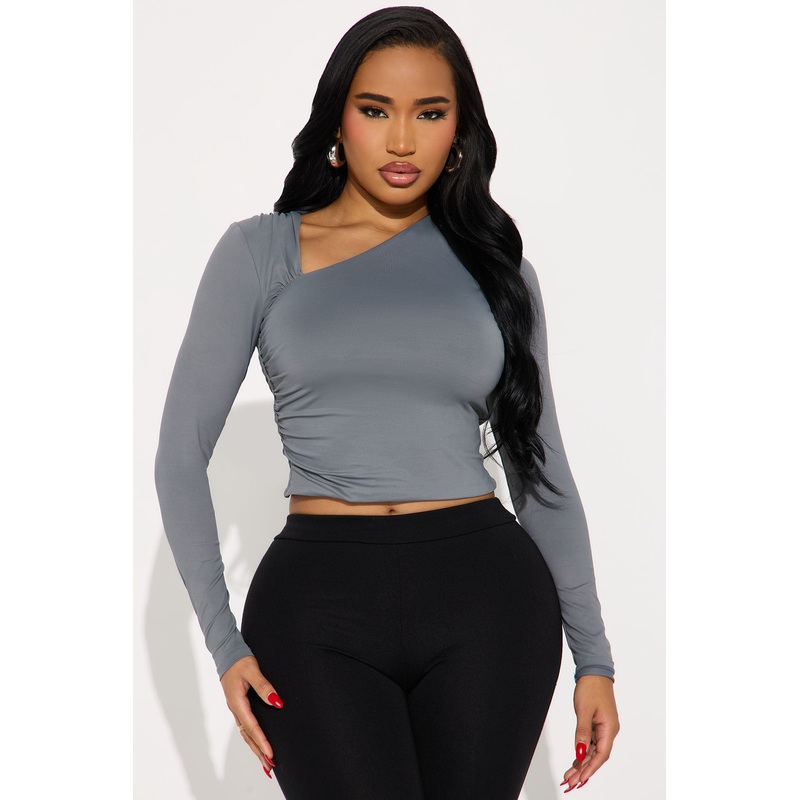 Brenda Ruched Long Sleeve Top – Grey