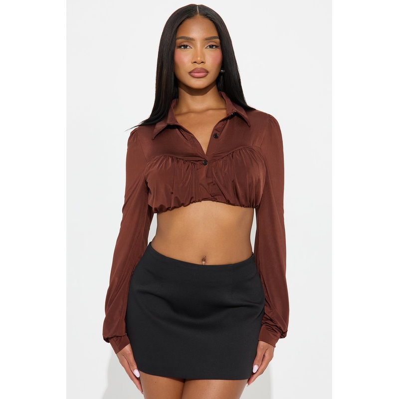 Catherine Long Sleeve Cropped Collared Top – Brown