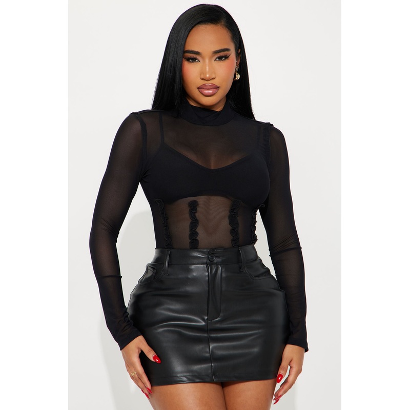 Darcy Mesh Long Sleeve Turtle Neck Top – Black