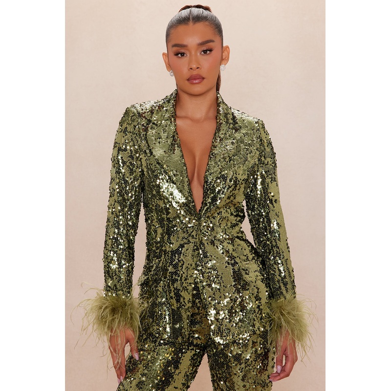Dania Sequin Feather Blazer – Olive