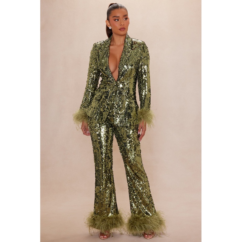 Dania Sequin Feather Pant – Olive