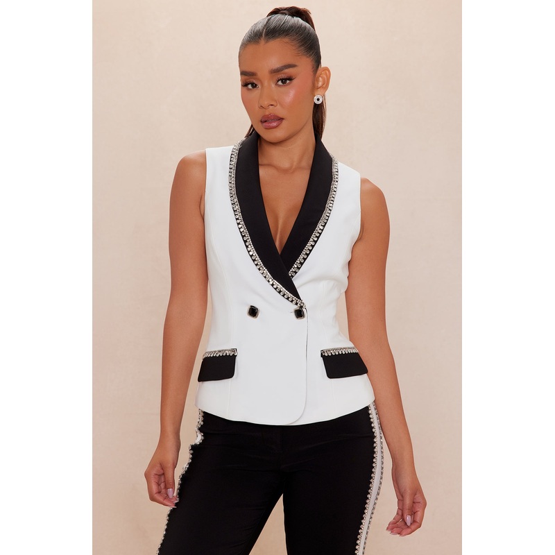 Riannon Rhinestone Embellished Vest – White/Black