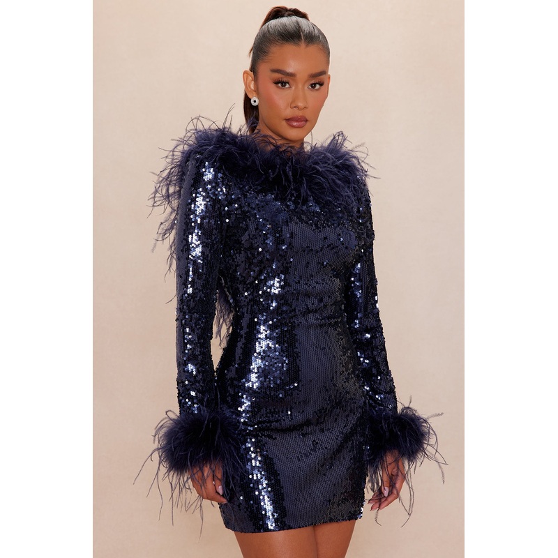 Vivian Sequin Feathered Mini Dress – Navy