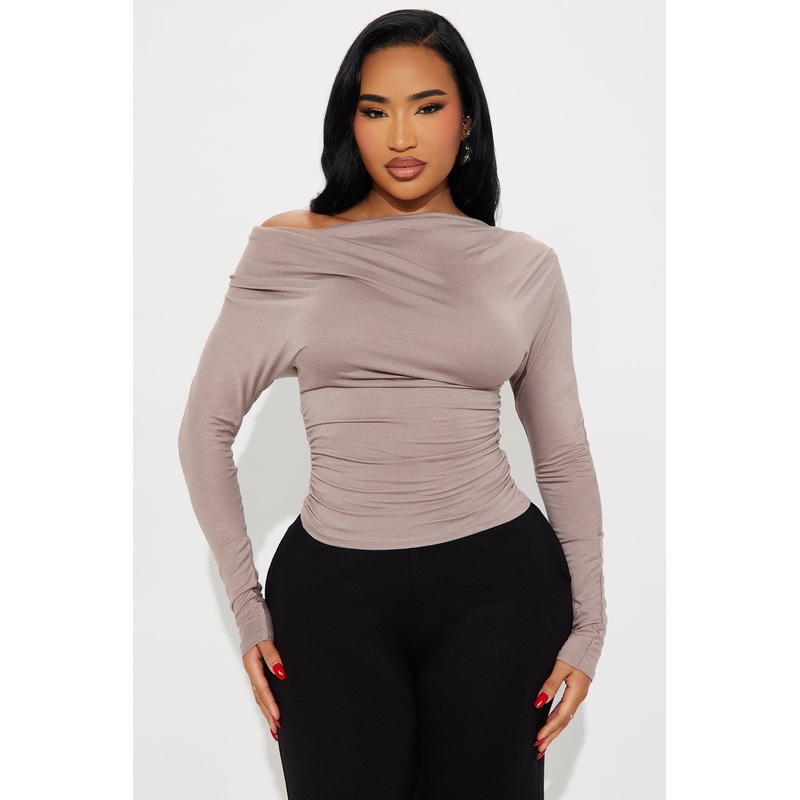 Yesenia Ruched Cowl Neck Top – Mocha