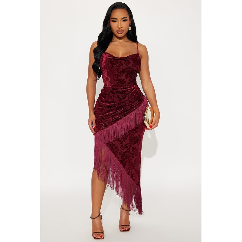 Astrid Fringed Wrap Mini Dress – Wine