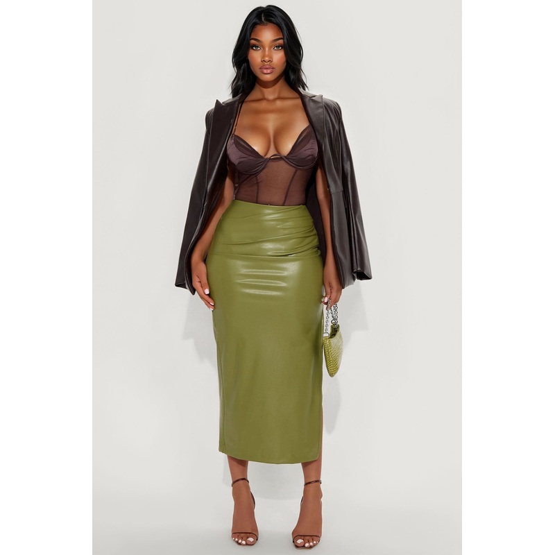 By The Corner Faux Leather Midi Skirt – Olive
